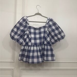Janie and Jack Blue Checkered Puff Sleeve Top